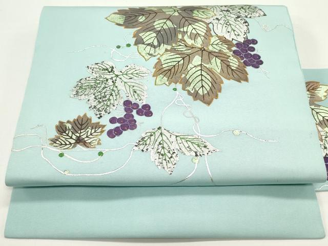 平和屋着物●塩瀬　九寸名古屋帯　葡萄蔦の葉文　白群色　金銀彩　正絹　逸品　DAAV9306ob