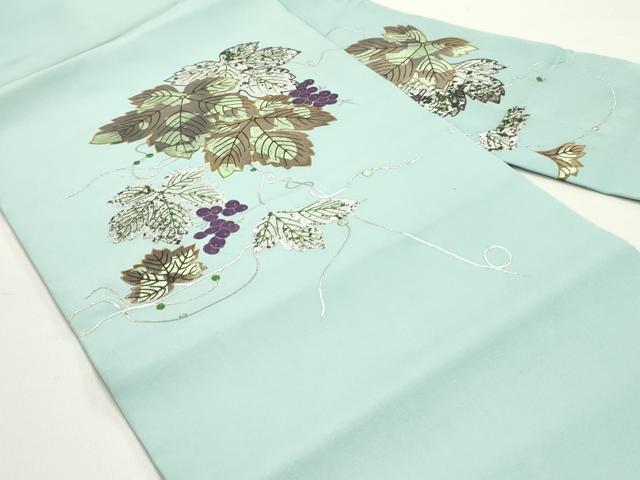 平和屋着物○塩瀬 九寸名古屋帯 葡萄蔦の葉文 白群