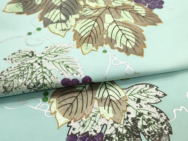 平和屋着物○塩瀬 九寸名古屋帯 葡萄蔦の葉文 白群