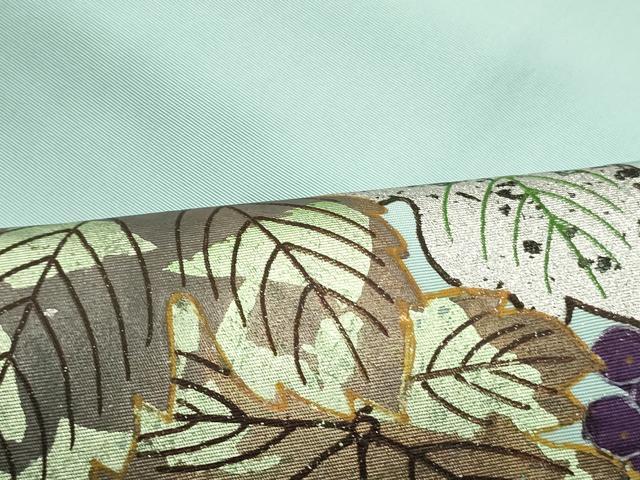 平和屋着物○塩瀬 九寸名古屋帯 葡萄蔦の葉文 白群