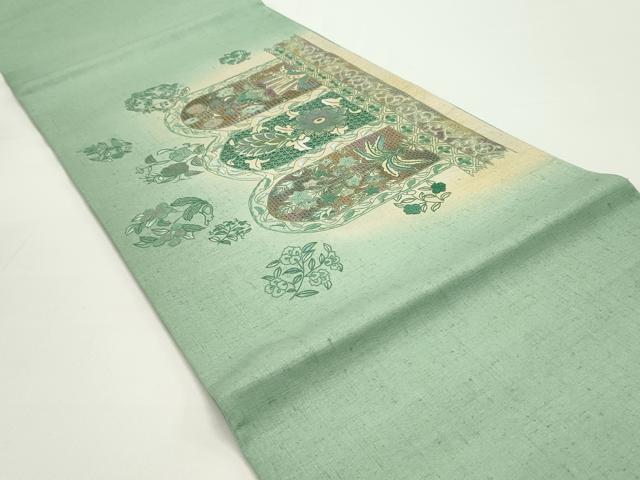 平和屋□極上 六通柄袋帯 スワトウ刺繍 相良刺繍 飾花文 金