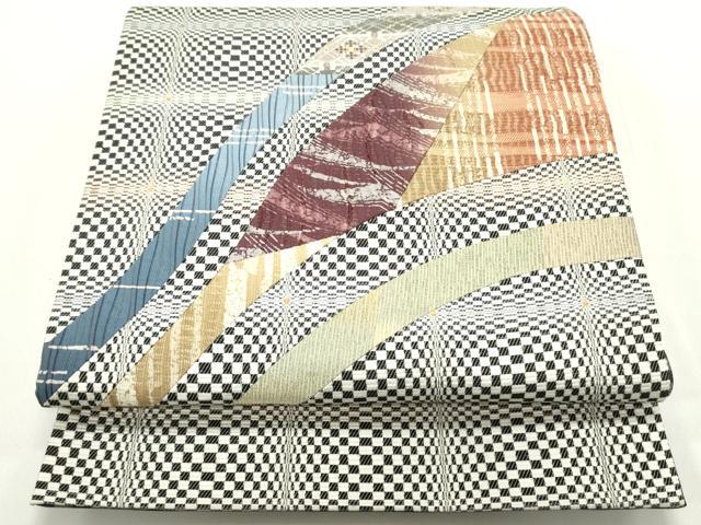 平和屋着物●両面　太鼓柄袋帯　切嵌　変わり市松抽象文様　正絹　逸品　未使用　DAAV9319ob