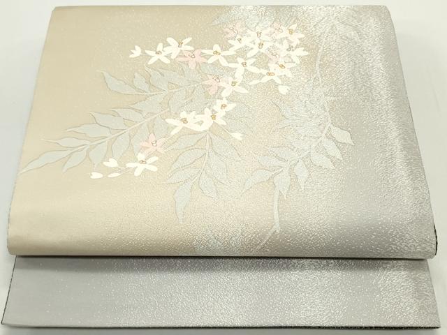 平和屋着物●両面　太鼓柄袋帯　草花文　銀通し地　さが美扱い　正絹　逸品　未使用　DAAV9324ob