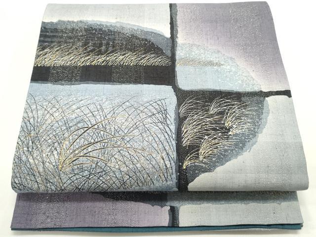 平和屋着物●太鼓柄袋帯　作家物　紬地　切嵌芝文　銀通し地　正絹　逸品　未使用　DAAV9331ob