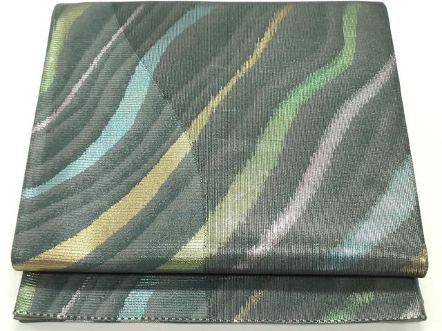 平和屋着物●世界的友禅作家　千地泰弘　全通柄袋帯　流水抽象文様　千地天女　黒地　金銀糸　正絹　逸品　DAAV9347ob