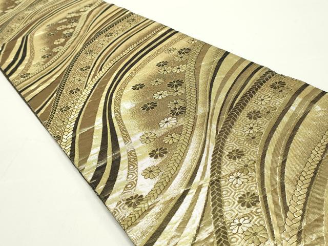 平和屋着物●両面　六通柄袋帯　流水舞桜文　黒地　金糸　正絹　逸品　DAAV9355ob 平和屋着物○両面 六通柄袋帯 流水舞桜文 黒地 金糸 正絹