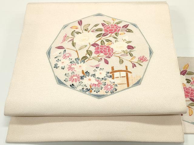 平和屋2◎九寸名古屋帯　作家物　紬地　刺繍　草花文　柿色　逸品　DAAH1505ox