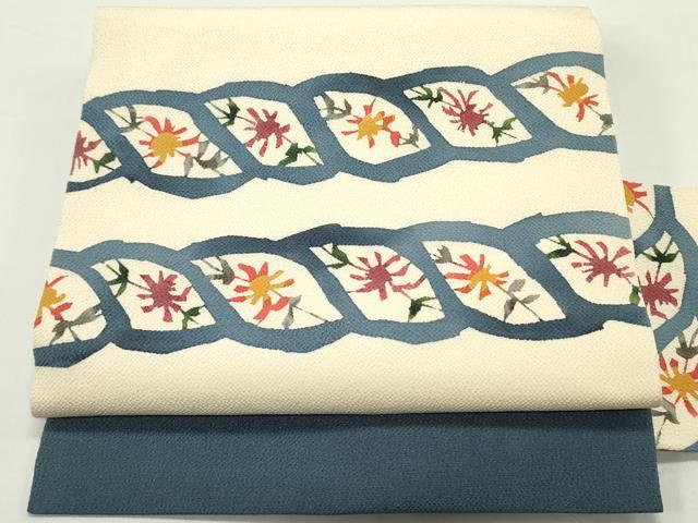 平和屋着物●九寸名古屋帯　型染め　切嵌草花横段文　鬼しぼ縮緬　正絹　逸品　DAAV9369ob