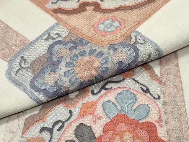 平和屋1□太鼓柄袋帯 紬地 総刺繍 スワトウ相良刺繍 舞花文 金糸 逸品