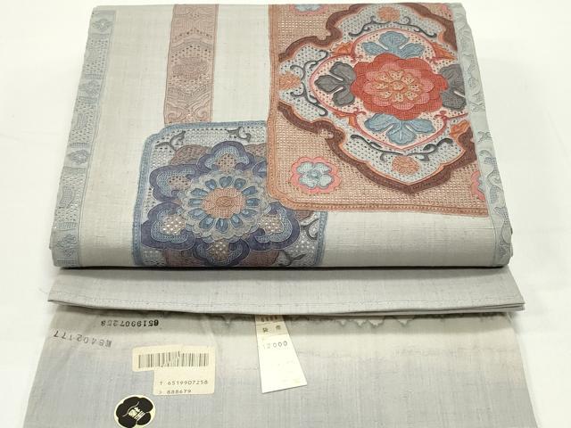 平和屋着物●中国三大刺繍 スワトウ刺繍 汕頭刺繍 相良刺繍 総刺繍 太鼓柄袋帯 紬地 色紙重ね花唐草菱文 反端付き 正絹 逸品 DAAV9372ob