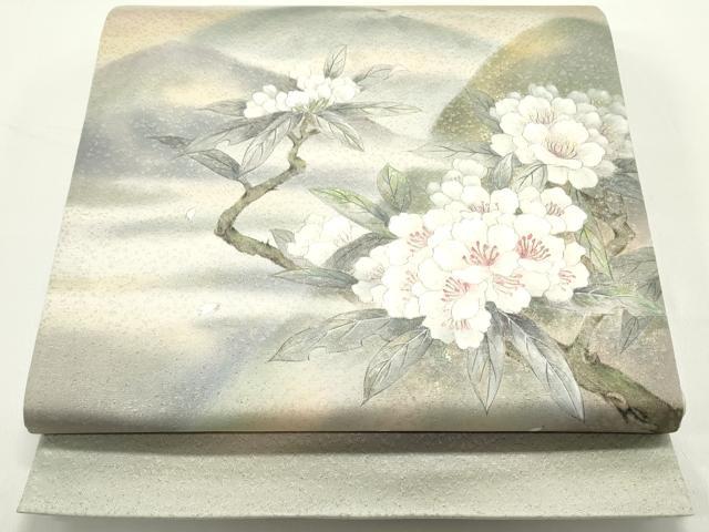 平和屋着物●日本画家　濡れ描き友禅作家　高橋峰陵　太鼓柄袋帯　手描き　風景枝桜文　引箔　正絹　逸品　未使用　DAAV9374ob