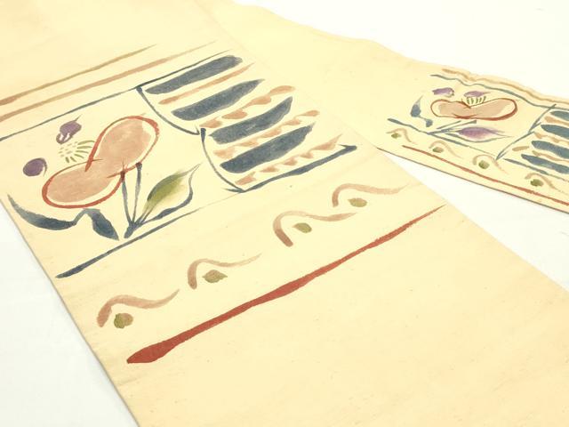 平和屋着物●九寸名古屋帯　紬地　草花横段文　蜂蜜色　正絹　逸品　DAAV9381ob 平和屋着物○九寸名古屋帯 紬地 草花横段文 蜂蜜色 正絹 逸品