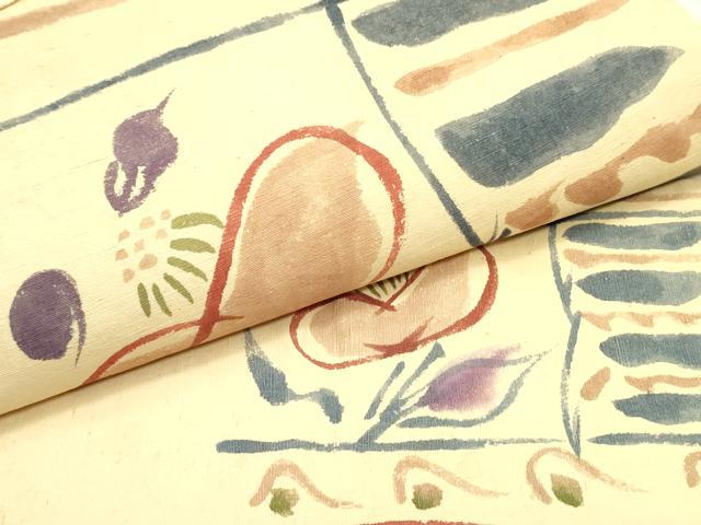 平和屋着物○九寸名古屋帯 紬地 草花横段文 蜂蜜色 正絹 逸品