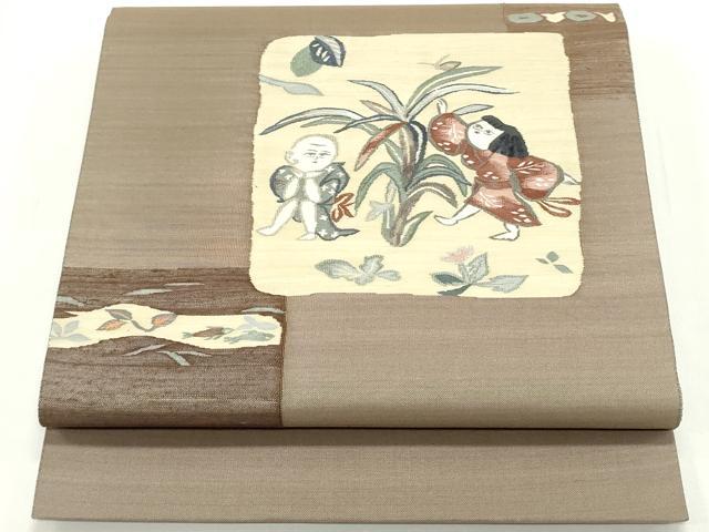 平和屋着物●太鼓柄袋帯　紬地　童子遊び　色紙重ね草花文　正絹　逸品　DAAV9392ob