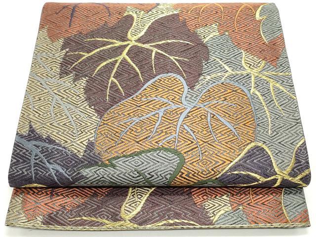 平和屋着物●六通柄袋帯　唐繍　松皮菱蔦の葉文　金糸　正絹　逸品　DAAV9396ob