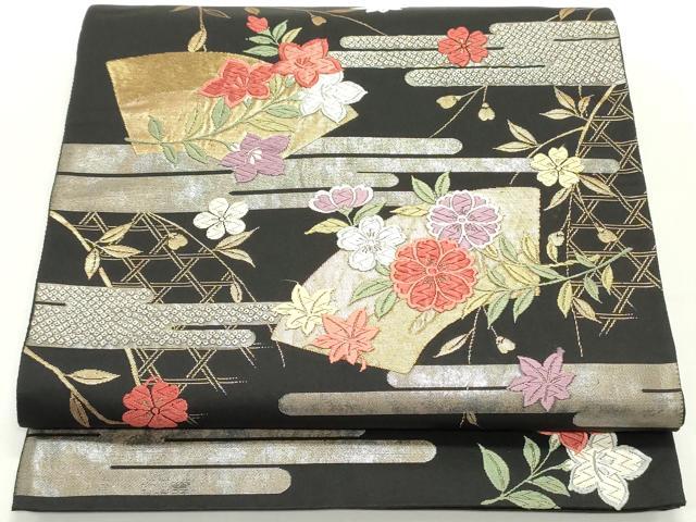 平和屋着物●六通柄袋帯　唐織　枝垂れ桜文　黒地　金糸　正絹　逸品　DAAV9399ob