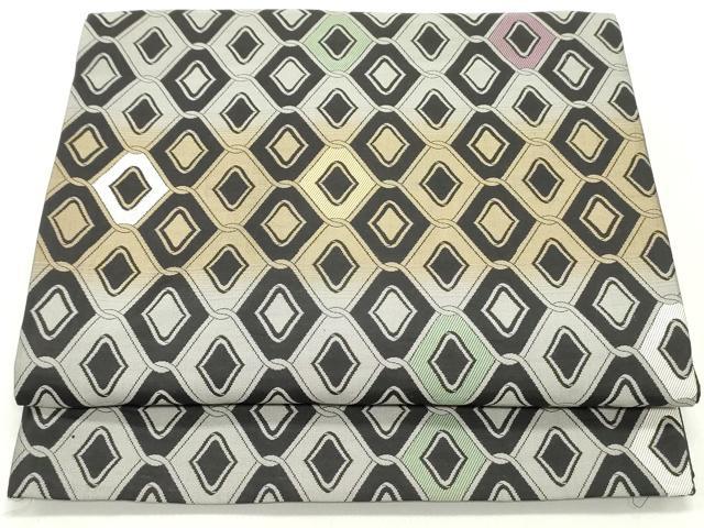 平和屋着物●六通柄袋帯　菱繋ぎ文　黒地　金糸　正絹　逸品　DAAV9401ob