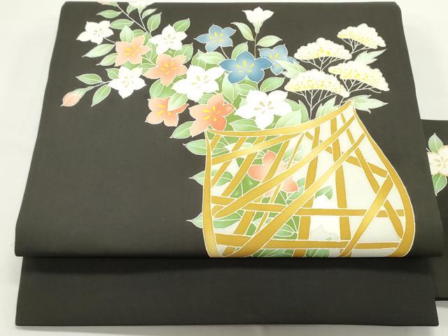 平和屋着物●塩瀬　九寸名古屋帯　花籠文　黒地　金彩　正絹　逸品　DAAV9414ob