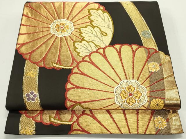 平和屋着物●六通柄袋帯　唐織　立涌菊華文　黒地　金糸　正絹　逸品　未使用　DAAV9417ob