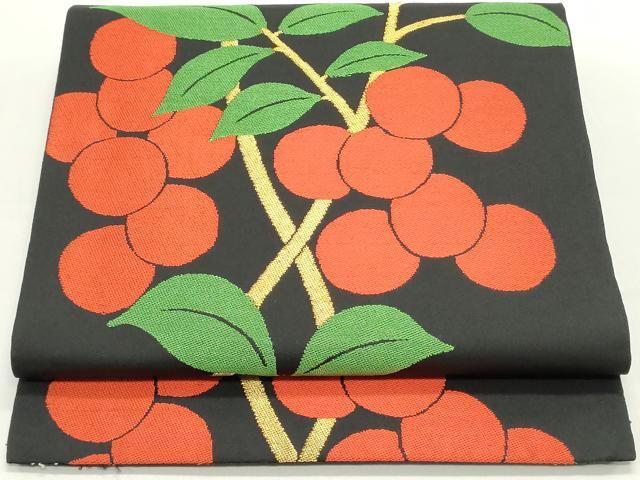 平和屋着物●全通柄　本袋帯　南天文　黒地　金糸　正絹　逸品　DAAV9419ob