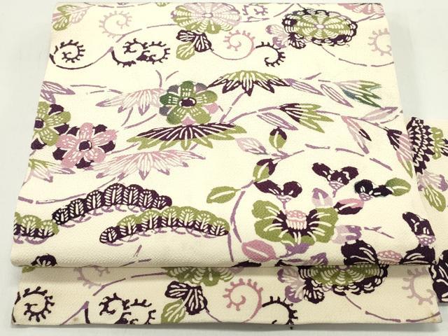平和屋着物●九寸名古屋帯　型染め　花松唐草文　鬼しぼ縮緬　正絹　逸品　DAAV9421ob