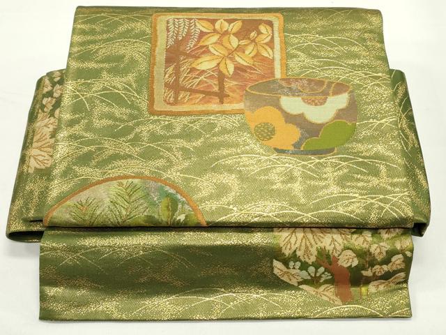 平和屋着物●ワンタッチつけ帯　陶器色紙草花文　金糸　箱付き　やまと誂製　正絹　逸品　未使用　DAAV9431ob 平和屋着物○ワンタッチつけ帯 陶器色紙草花文 金糸 箱付き やまと誂
