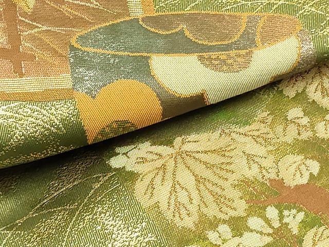 平和屋着物●ワンタッチつけ帯　陶器色紙草花文　金糸　箱付き　やまと誂製　正絹　逸品　未使用　DAAV9431ob 平和屋着物○ワンタッチつけ帯 陶器色紙草花文 金糸 箱付き やまと誂