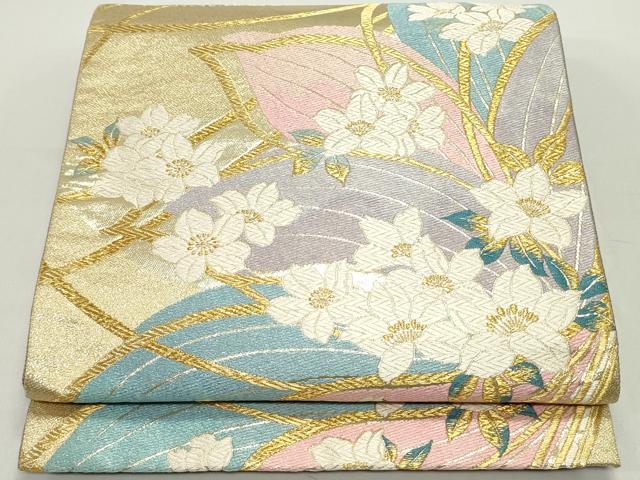 平和屋着物●両面　六通柄袋帯　草花文　金糸　正絹　逸品　DAAV9441ob