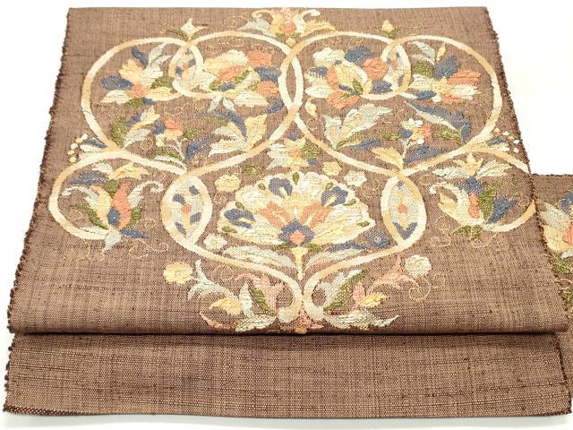 平和屋着物●八寸名古屋帯　紬地　総刺繍　更紗花唐草文　金糸　正絹　逸品　未使用　DAAV9447ob