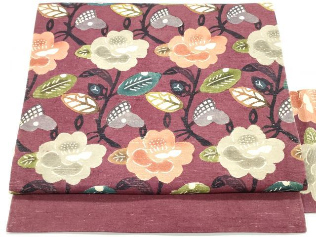 平和屋着物●九寸名古屋帯　紬地　型染め　草花文　正絹　逸品　DAAV9503ob