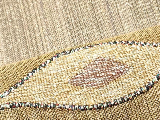 平和屋着物○太鼓柄袋帯 紬地 幾何学横段文 金通し