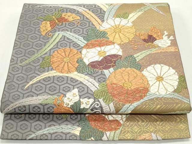 平和屋着物●西陣最高峰・北尾織物匠　六通柄袋帯　唐織　能装献上芦菊文　金糸　正絹　逸品　DAAV9512ob