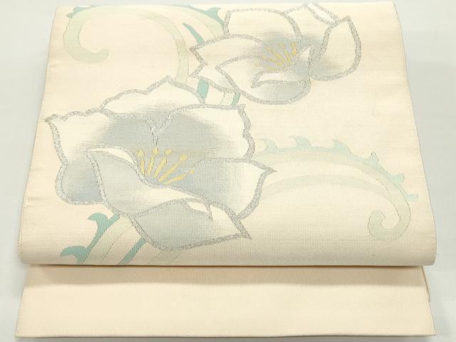 平和屋着物●爪掻き本綴れ　八寸名古屋帯　花唐草文　薄卵色　銀糸　正絹　逸品　DAAV9517ob