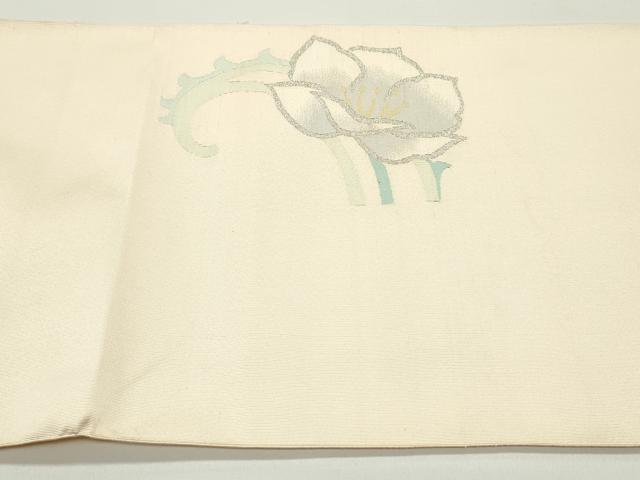 平和屋着物●爪掻き本綴れ　八寸名古屋帯　花唐草文　薄卵色　銀糸　正絹　逸品　DAAV9517ob 平和屋着物○爪掻き本綴れ 八寸名古屋帯 花唐草文 薄卵色 銀糸 正絹