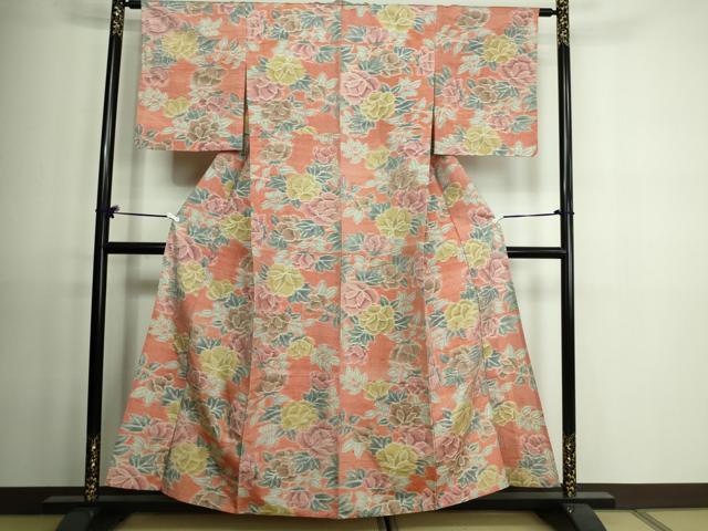 平和屋着物▽上質な紬　単衣　薔薇　正絹　逸品　DAAV9533sf