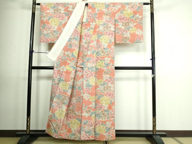 平和屋着物▽上質な紬　単衣　薔薇　正絹　逸品　DAAV9533sf