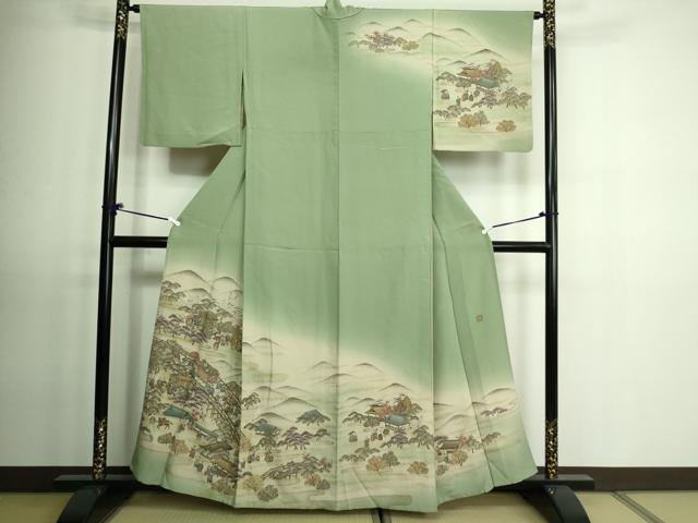 平和屋着物▽訪問着　単衣　作家物　人物風景文　暈し染め　金彩　正絹　逸品　DAAV9537sf 平和屋着物▽訪問着 単衣 作家物 人物風景文 暈し染め