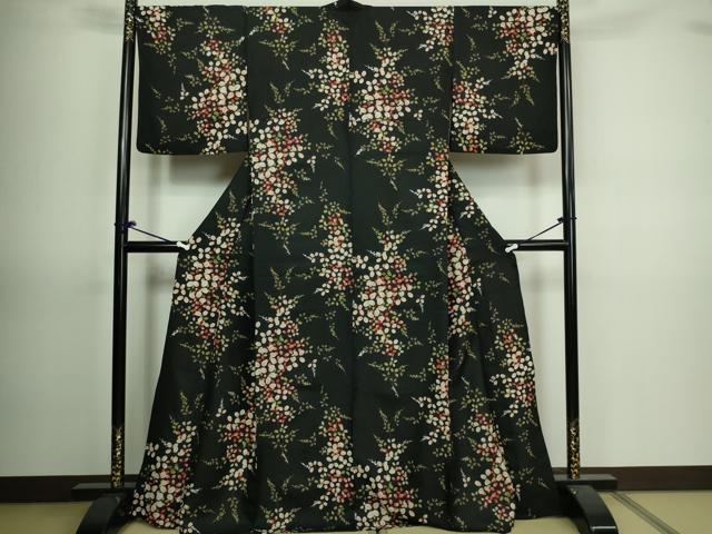 平和屋着物▽小紋 単衣 枝葉文 黒地 洗える着物 DAAV9720sf