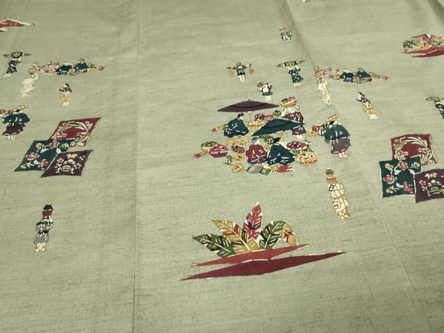 平和屋着物▽訪問着　単衣　紬地　型染め　人物文　正絹　逸品　DAAV9722sf 平和屋着物▽訪問着 単衣 紬地 型染め 人物文 正絹 逸品