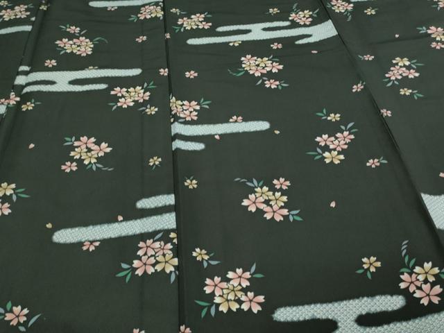 平和屋着物▽小紋　単衣　霞草花文　黒地　洗える着物　DAAV9754sf