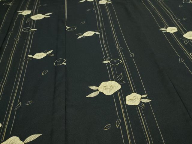 平和屋着物▽小紋　単衣　舞花文　黒地　ロング丈　洗える着物　DAAV9770sf