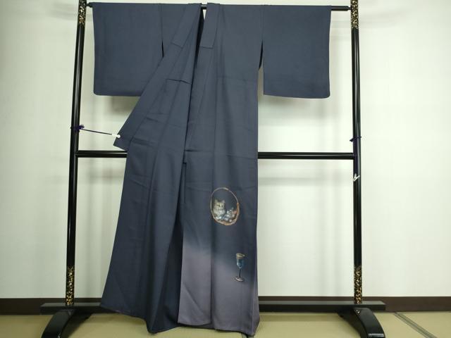 平和屋着物▽訪問着 単衣 手描き 猫 グラス 暈し染め 金彩 正絹