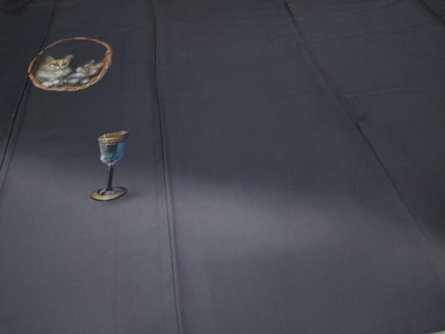 平和屋着物▽訪問着 単衣 手描き 猫 グラス 暈し染め 金彩 正絹