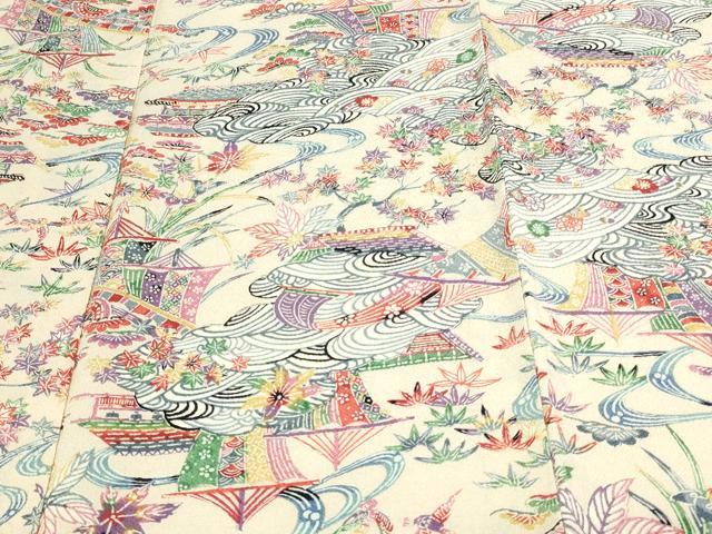 平和屋着物▽上質な小紋　単衣　型染め　風景文　鬼しぼ縮緬　正絹　逸品　DAAV9955sf 平和屋着物▽上質な小紋 単衣 型染め 風景文 鬼しぼ縮緬