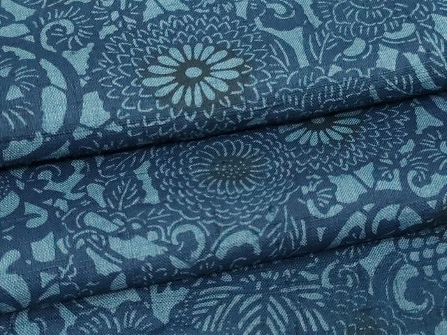 平和屋着物▽上質な紬　単衣　本藍　型絵染　花唐草文　正絹　逸品　DAAV9968sf