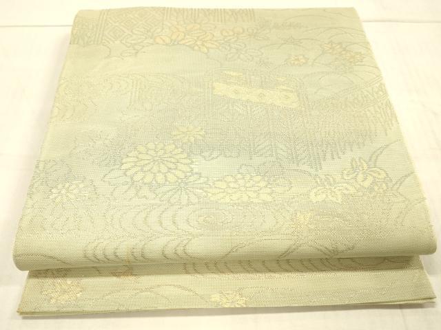 平和屋着物＊夏物　六通柄袋帯　流水籬草花文　金糸　正絹　逸品　DAAW1937cm