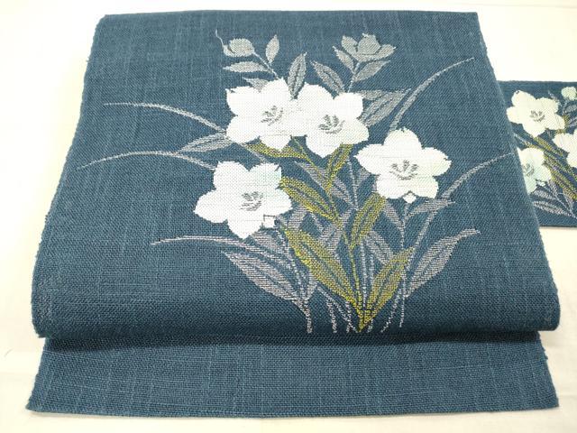平和屋着物＊夏物　八寸名古屋帯　草花文　桔梗　銀糸　DAAW1938cm