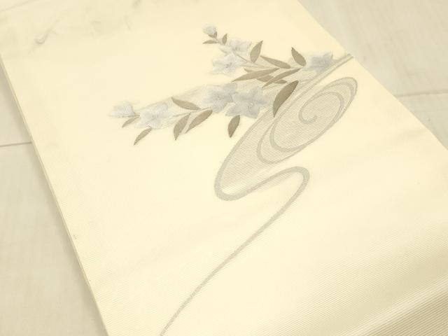 平和屋着物＊夏物　九寸開き名古屋帯　流水草花文　桔梗　銀糸　正絹　逸品　DAAW1946cm 平和屋着物＊夏物 九寸開き名古屋帯 流水草花文 桔梗 銀糸 正絹 逸品