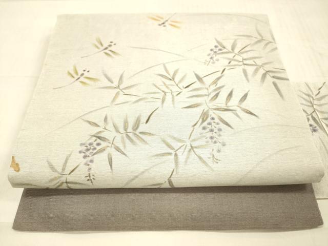 平和屋着物＊夏物　九寸名古屋帯　手描き　南天文　蜻蛉　トンボ　金糸　正絹　逸品　DAAW1950cm