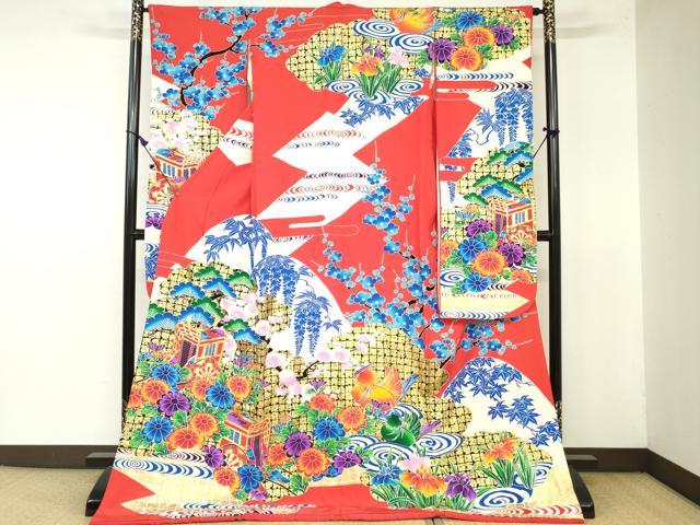 平和屋着物▼お引きずり・お引き摺り・引き振袖　和装　結婚式　舞妓　芸妓　芸者　衣装　駒刺繍　御所車鴛鴦花文　金彩　逸品　DAAW2386zy